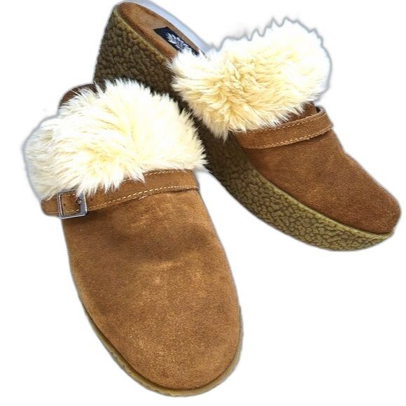 Yellow Box Brown Suede and Faux Fur Platform Mules Size 6.5 (9.25") - Picture 1 of 9